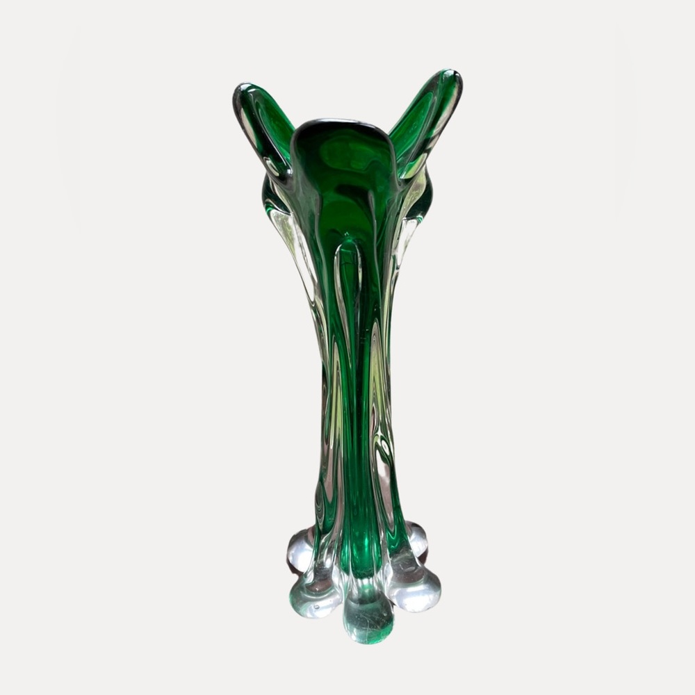 Vintage Green Stretch Swung Art Glass Vase with Elephant Foot Base - 11”